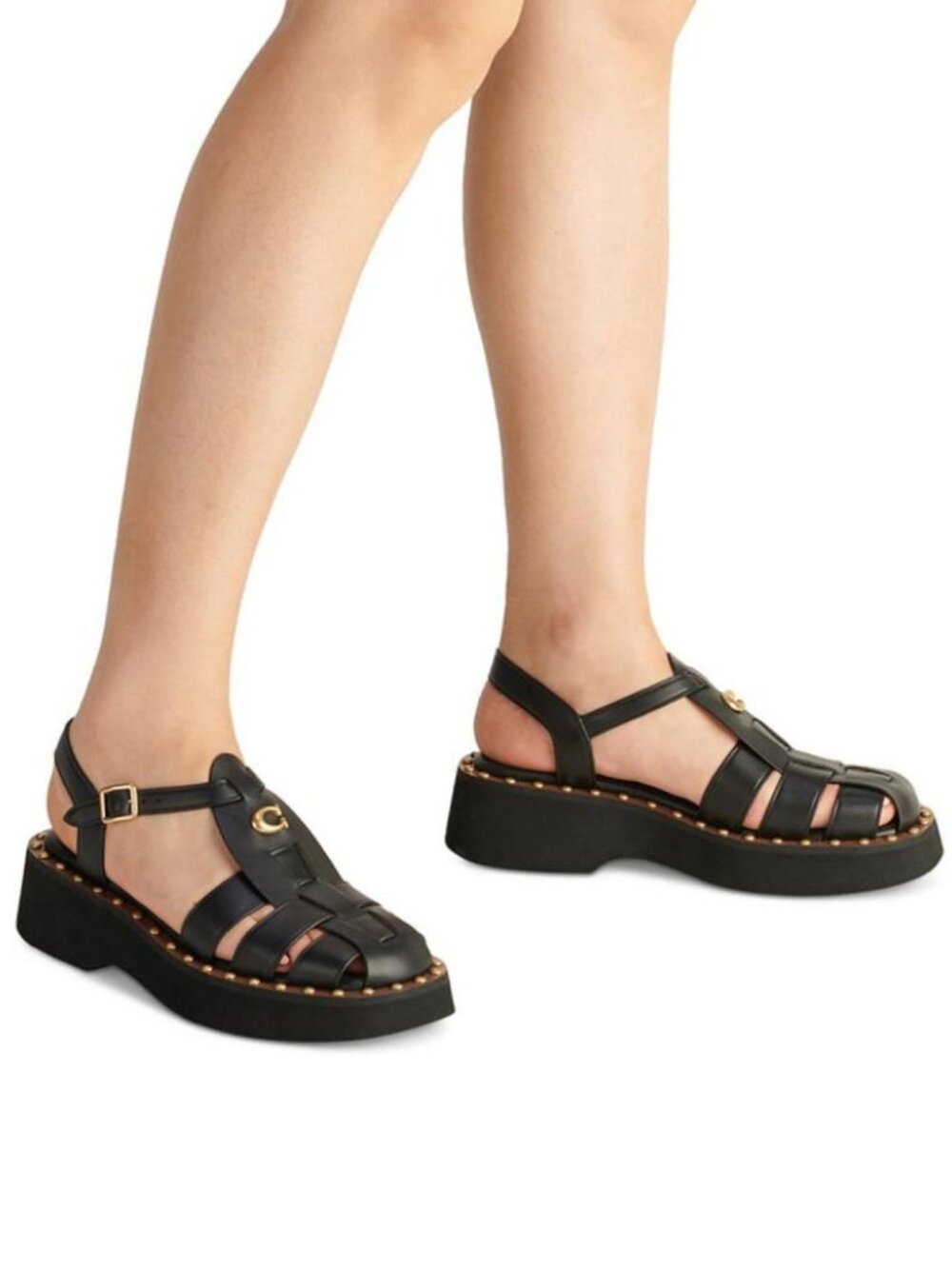 Coach Vivienne Fisherman C Studded Black Leather Sandals - Picture 2 of 9